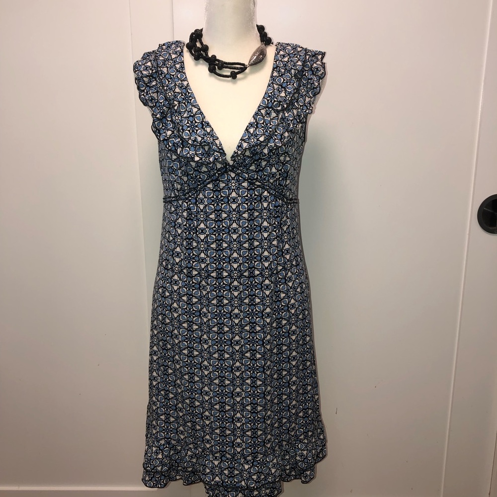 Max Studio Navy and White Printed V-Neck Ruffle Midi Dress